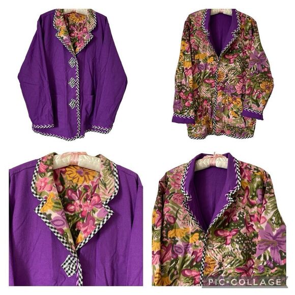 Koos of Course Jacket Woman's Large Purple Linen Rayon Reversible Floral - Picture 1 of 10